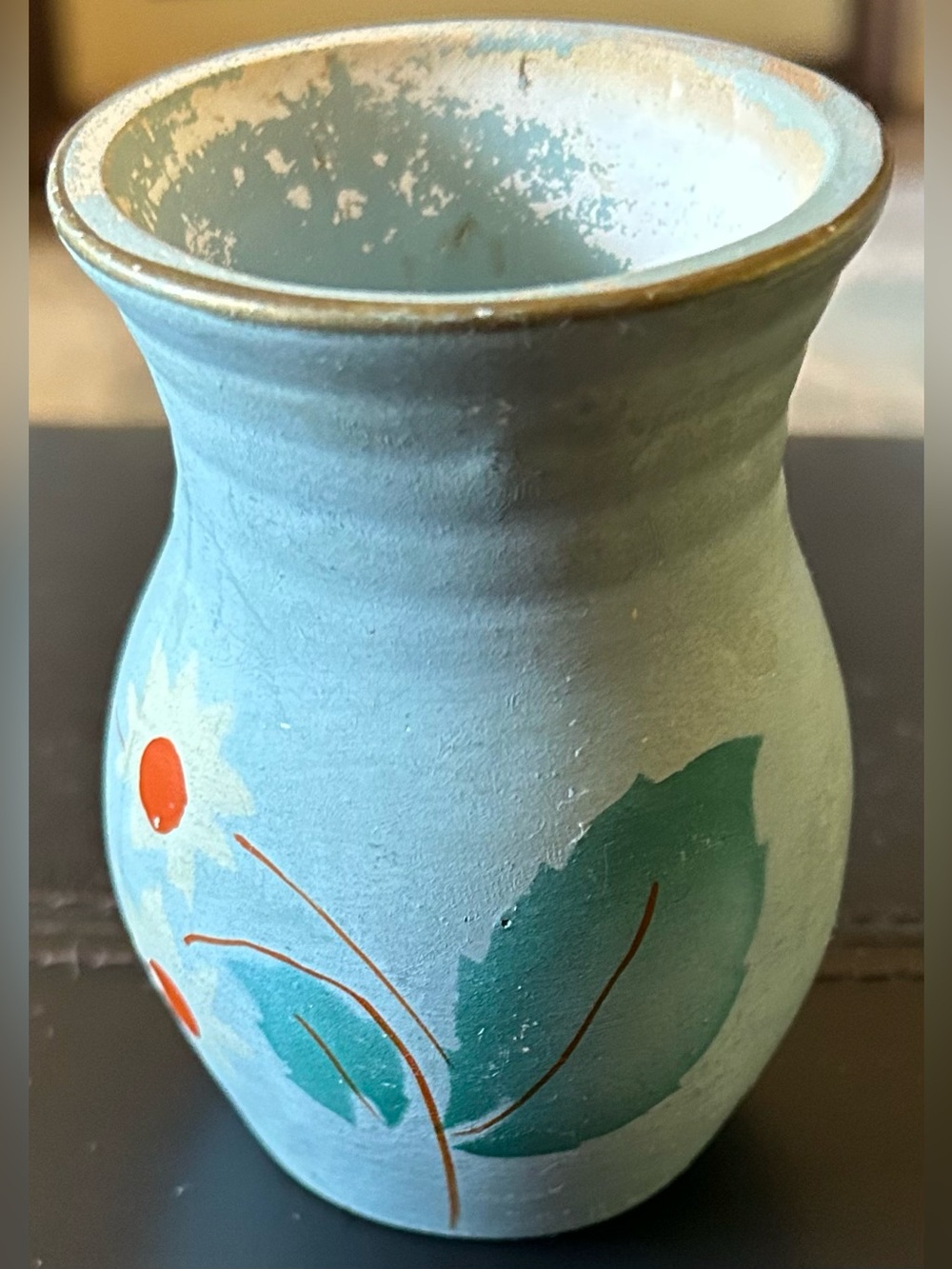 Hand-Painted Blue Ceramic Vase with Floral Motif Made in Canada